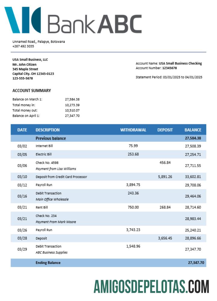 Realista ABC empresa bancária extrato de conta corrente modelo Word e PDF